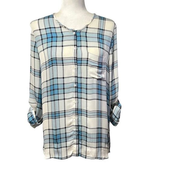 Joie Blue Multi Color Plaid Silk Shirt Medium Button Up Roll Tab Sleeves - Picture 6 of 15